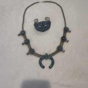 Southwestern Faux Turquoise Squash Blossom Necklace Cuff Bracelet Jewelry Set